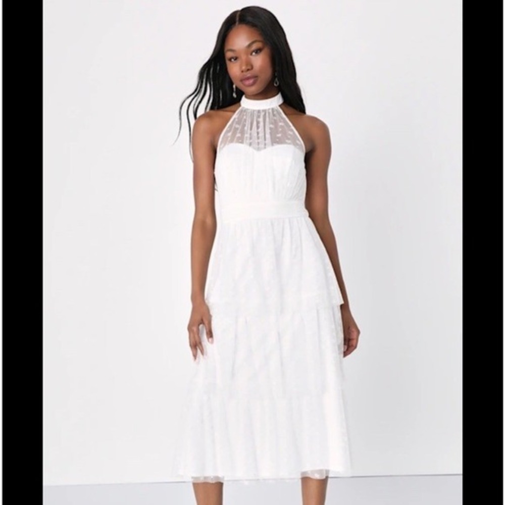 Lulus Positively Precious White Floral Halter Midi Dress Large NWT Bridal Party